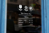 G20 - Bespoke company name & opening hours, vinyl cut window sticker, contour cut, for commercial windows/glass or walls.