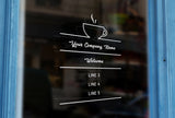 C15 - Bespoke company name & opening hours, vinyl cut window sticker, contour cut, for commercial windows/glass or walls.