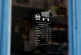 LS13 - Bespoke shopping trolley/basket silhouette opening hours, vinyl cut window sticker, contour cut, for commercial windows
