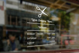Bespoke company name & opening hours, a vinyl cut window sticker, contour cut decal, for commercial windows/glass or walls.