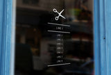 Bespoke scissors silhouette opening hours, a vinyl cut window sticker, contour cut decal, for commercial windows/glass or walls.