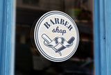 Bespoke round barber shop sign window sticker, a high quality, vinyl sticky back plastic decal, Commercial Window Glass Stickers