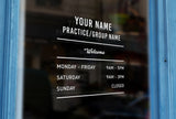 D17 - Bespoke company name & opening hours, vinyl cut window sticker, contour cut, for commercial windows/glass or walls.