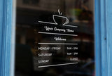 C15 - Bespoke company name & opening hours, vinyl cut window sticker, contour cut, for commercial windows/glass or walls.
