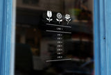 G19 - Bespoke flowers silhouette opening hours, vinyl cut window sticker, contour cut, for commercial windows/glass or walls.