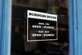 LS15 - Bespoke business hours & opening hours, vinyl cut window sticker, contour cut, for commercial windows/glass or walls.