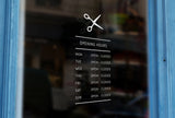 Bespoke scissors silhouette opening hours, a vinyl cut window sticker, contour cut decal, for commercial windows/glass or walls.
