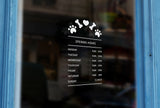 P15 - Bespoke pet shop / vets opening hours, vinyl cut window sticker, contour cut, for commercial windows/glass or walls.