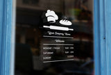 BK7 - Bespoke company name & opening hours, vinyl cut window sticker, contour cut, for commercial windows/glass or walls.