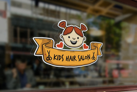 Bespoke kids hair salon sign window sticker, a high quality, vinyl sticky back plastic decal, Commercial Window Glass Stickers