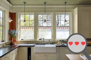 Bespoke printed heart repeated pattern, custom, decorative, frosted home window film.
