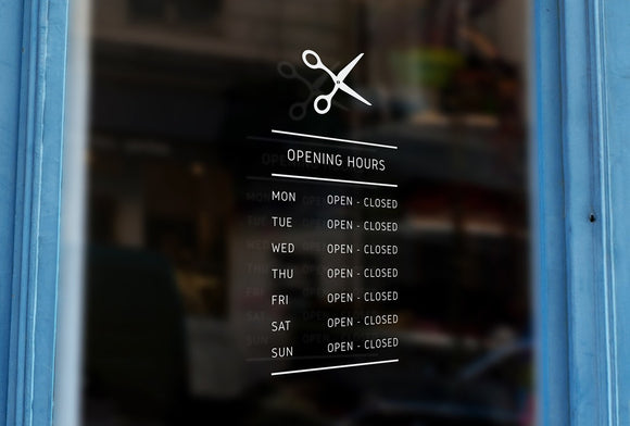 Bespoke scissors silhouette opening hours, a vinyl cut window sticker, contour cut decal, for commercial windows/glass or walls.
