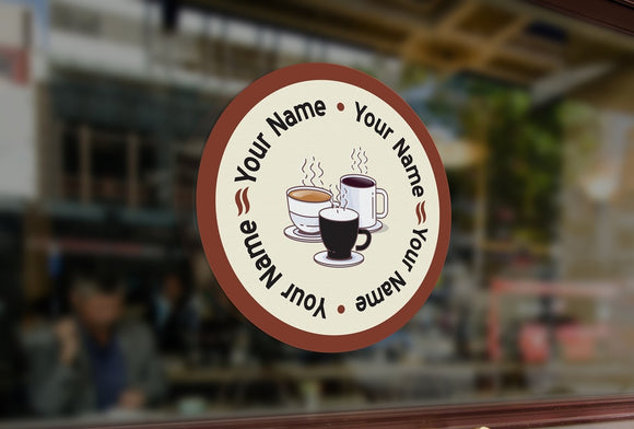 C8 - Bespoke round cafe, coffee cups window sticker, high quality, vinyl sticky back plastic, Commercial Window Glass Stickers